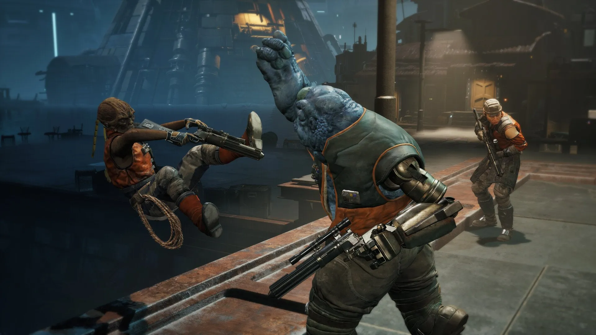 Zero Company members fighting a battle droid inside an Imperial-era interior