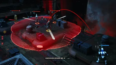 Red-lit Zero Company interior with a highlighted unit ring and unit name labels over the squad