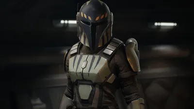 Cly Kullervo in Mandalorian-style armour and helmet