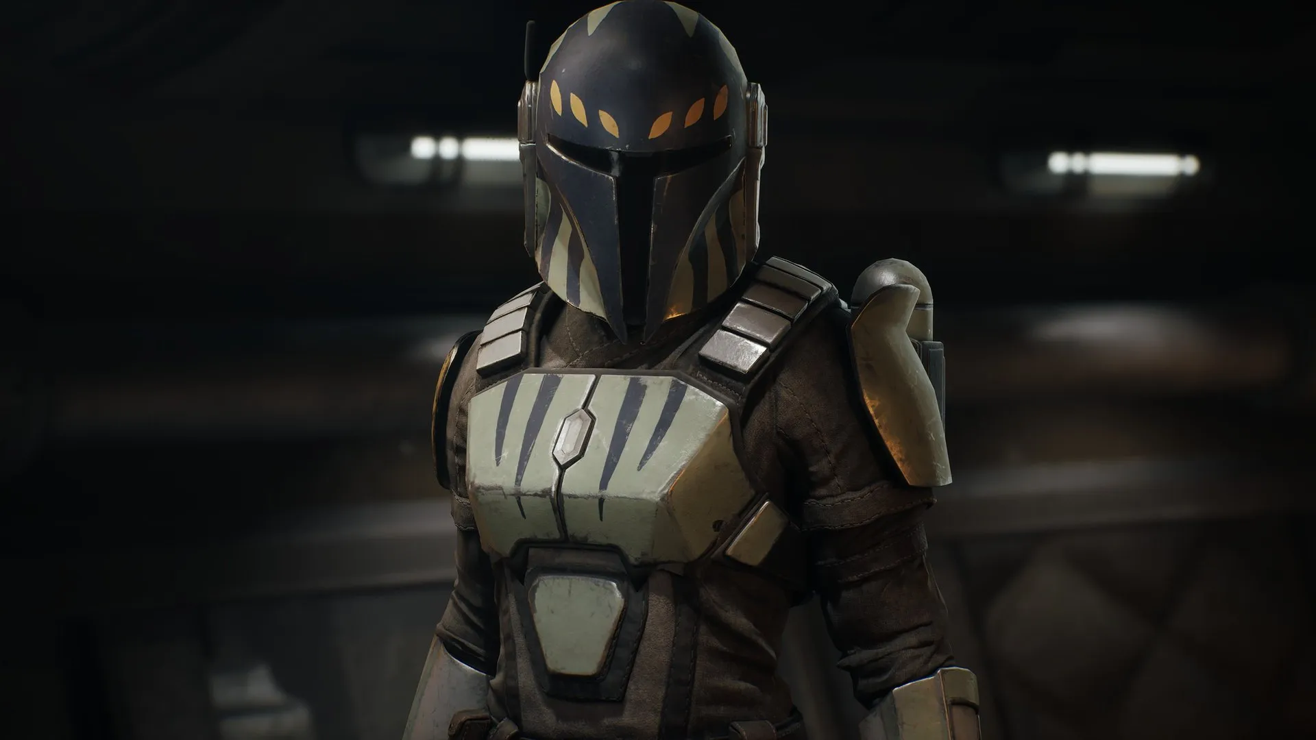 Cly Kullervo com sua armadura e capacete de estilo mandaloriano