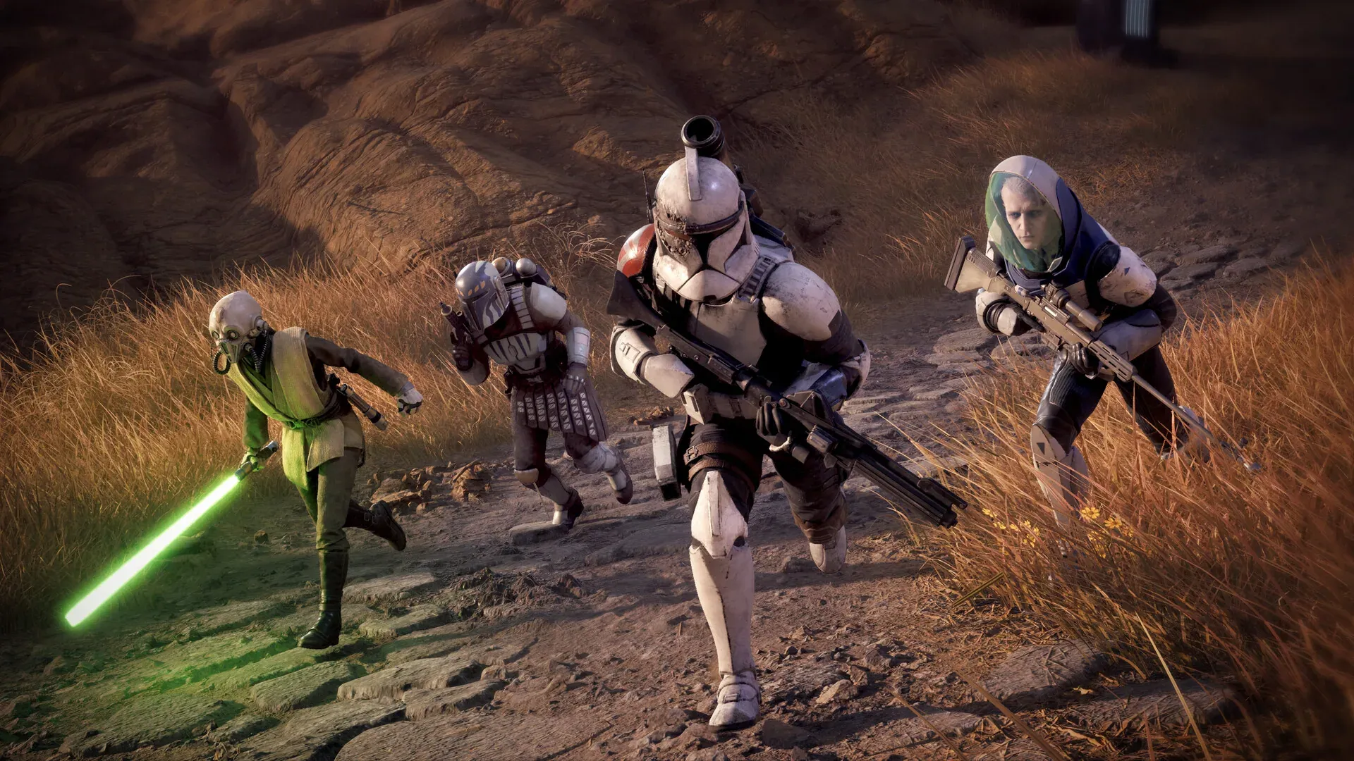 A Jedi leading a squad of Zero Company clone troopers forward across a dry ridge