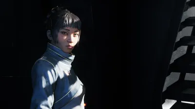 Jae Mordant in her blue-grey officer uniform holding a datapad