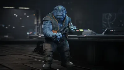 Kabb Uppercut, the blue-skinned Felshi mercenary, holding a blaster
