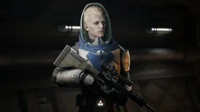 Luco Bronc, the pale-haired Umbaran sniper holding his blaster rifle