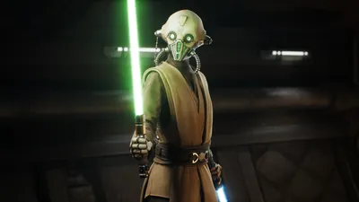 Tel-Rea Vokoss, the masked Tognath Jedi Padawan holding a green lightsaber