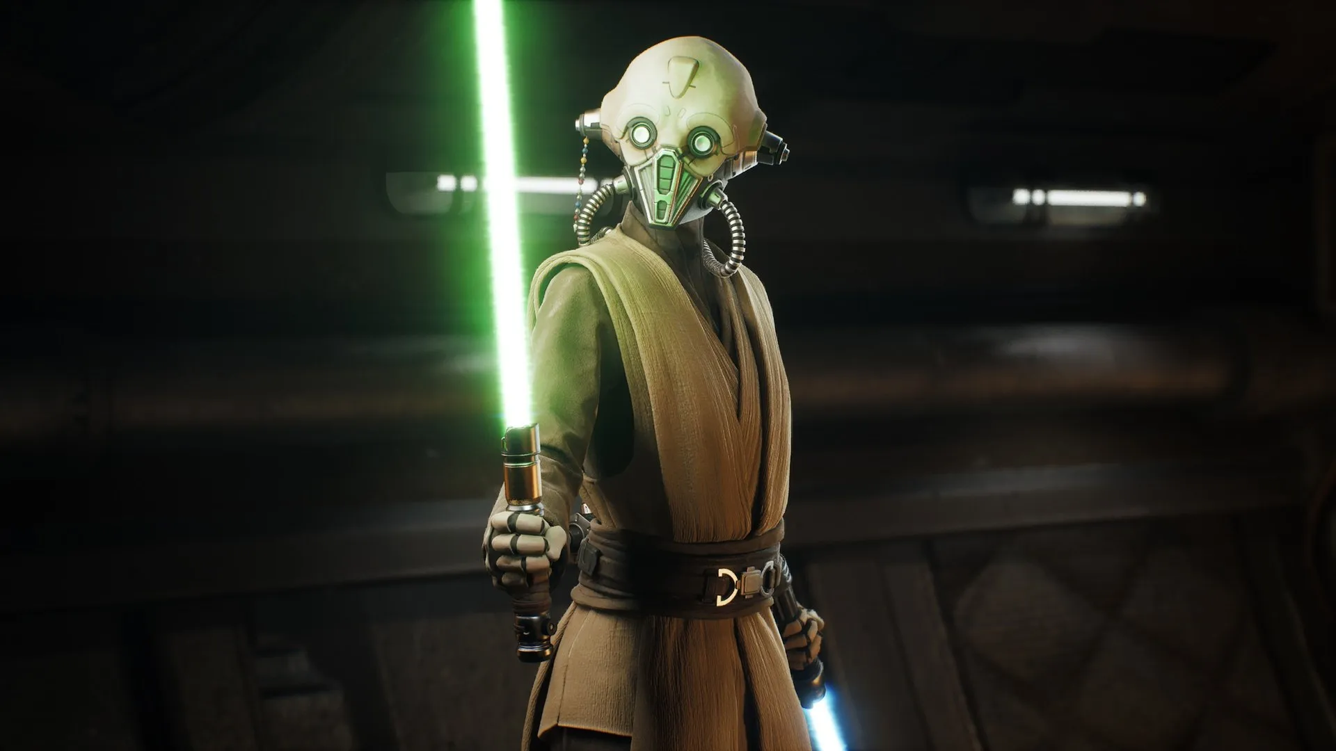Tel-Rea Vokoss, the masked Tognath Jedi Padawan holding a green lightsaber