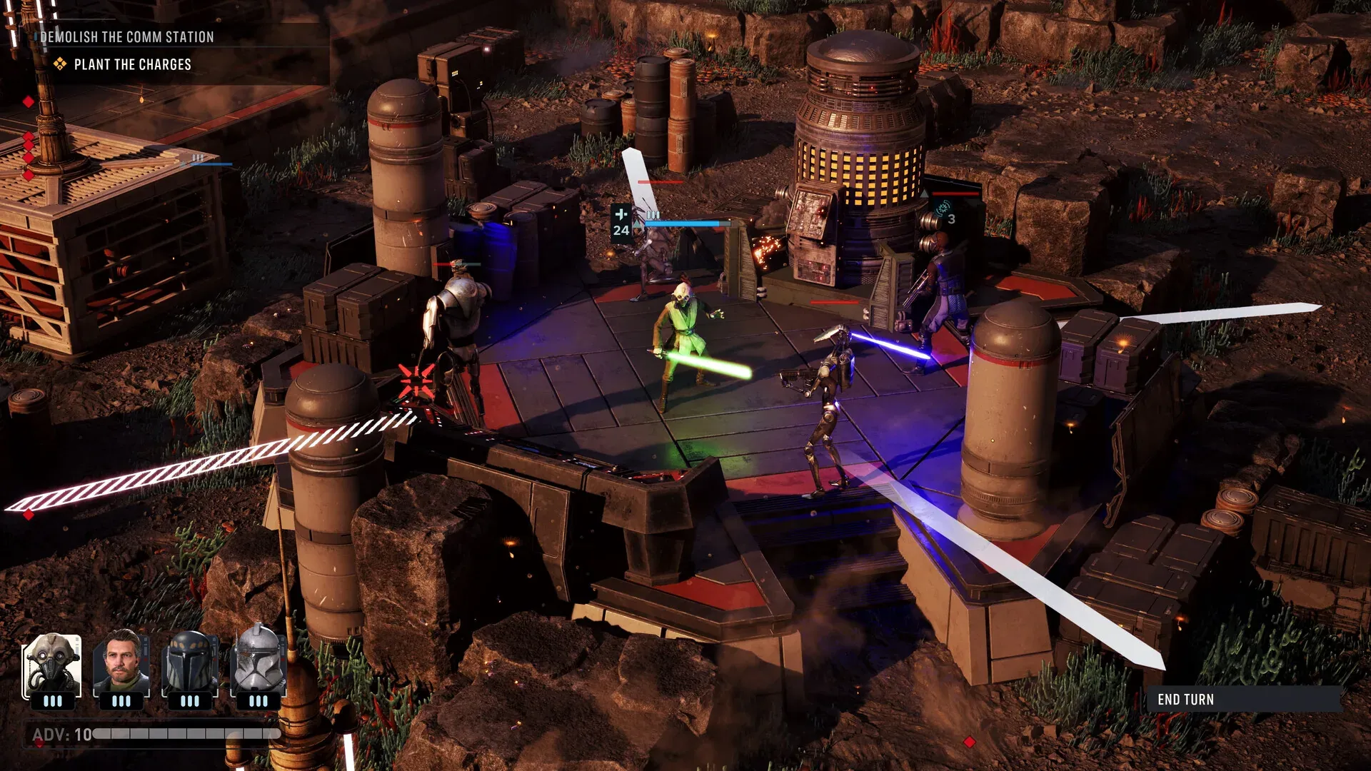 Overhead turn-based tactical view of a Zero Company firefight with squad portraits in the corner
