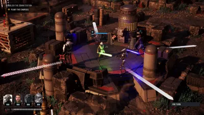 Overhead turn-based tactical view of a Zero Company firefight with squad portraits in the corner